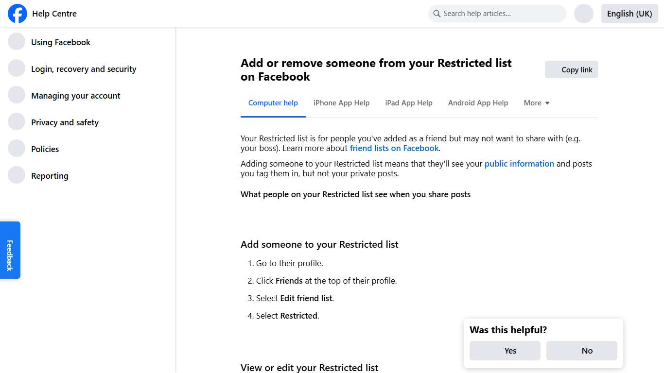 Add or remove someone from your Restricted list on Facebook | Facebook Help Centre
